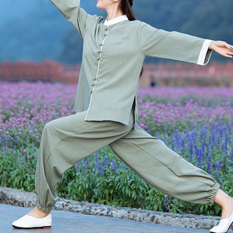 Buddha Stones 2Pcs Tang Suit Top Pants Meditation Yoga Zen Tai Chi Cotton Linen Clothing Women's Set