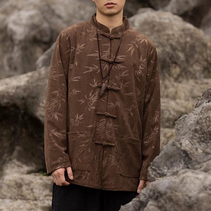 Buddha Stones Bamboo Leaves Clothing Chinese Tang Suit Jacket Coat Men Clothing - Brown(Top Only) - US/UK/AU46，EU56 (5XL)  - image 10