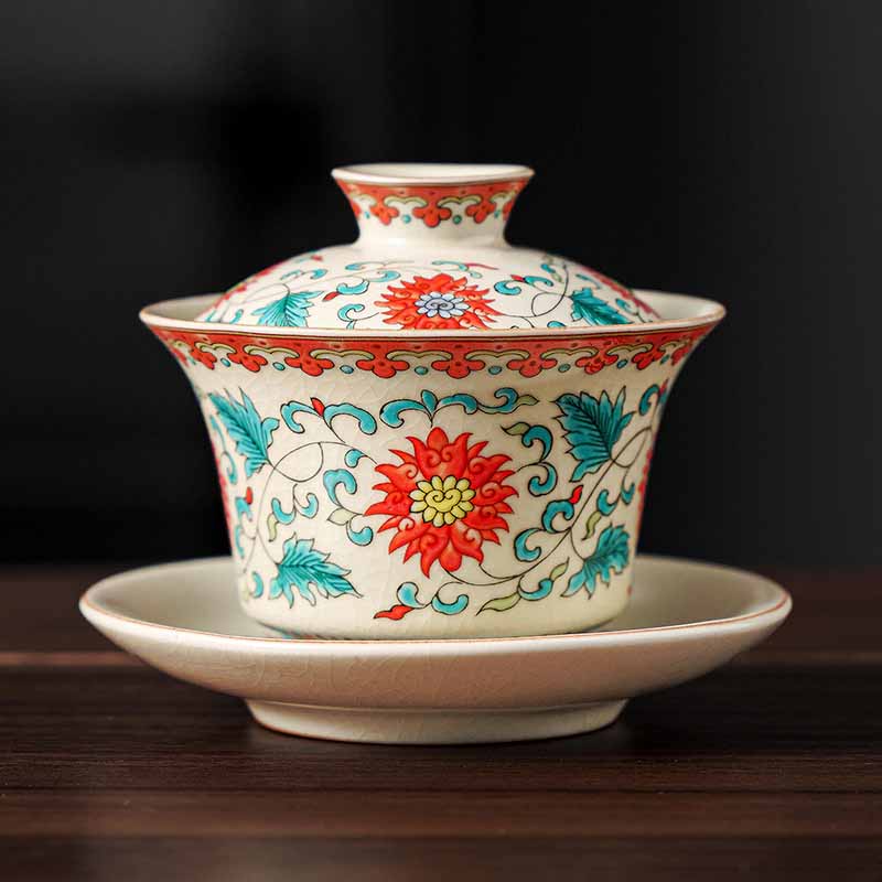 Buddha Stones A Panorama of Rivers and Mountains Flowers Ceramic Gaiwan Sancai Teacup Kung Fu Tea Cup And Saucer With Lid - Flower 12cm*9cm*100ml - image 8