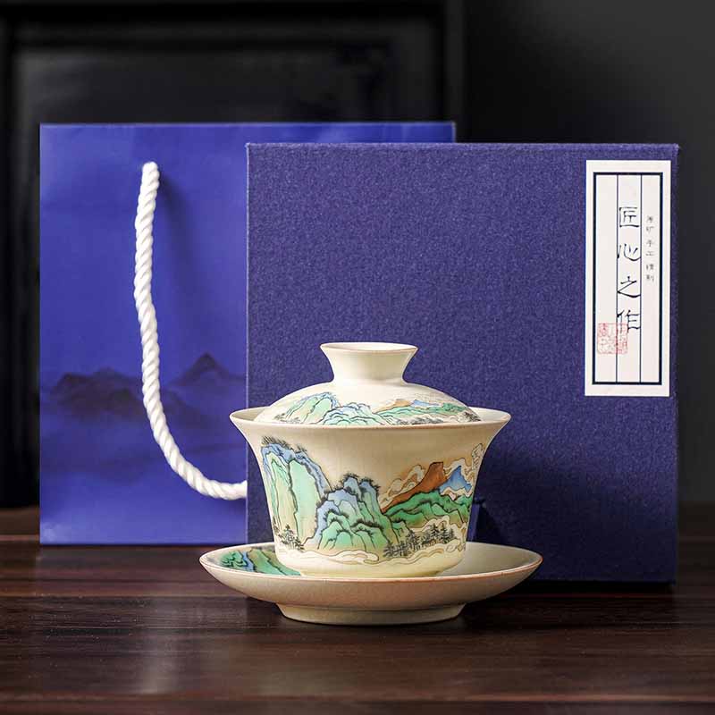 Buddha Stones A Panorama of Rivers and Mountains Flowers Ceramic Gaiwan Sancai Teacup Kung Fu Tea Cup And Saucer With Lid - A Panorama of Rivers and Mountains 12cm*9cm*100ml With Gift Box - image 9