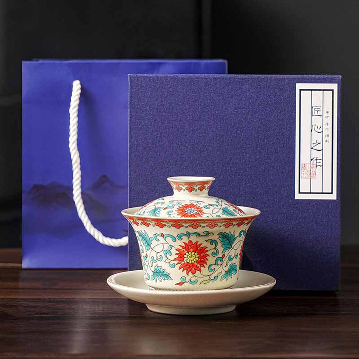 Buddha Stones A Panorama of Rivers and Mountains Flowers Ceramic Gaiwan Sancai Teacup Kung Fu Tea Cup And Saucer With Lid - Flower 12cm*9cm*100ml With Gift Box - image 12