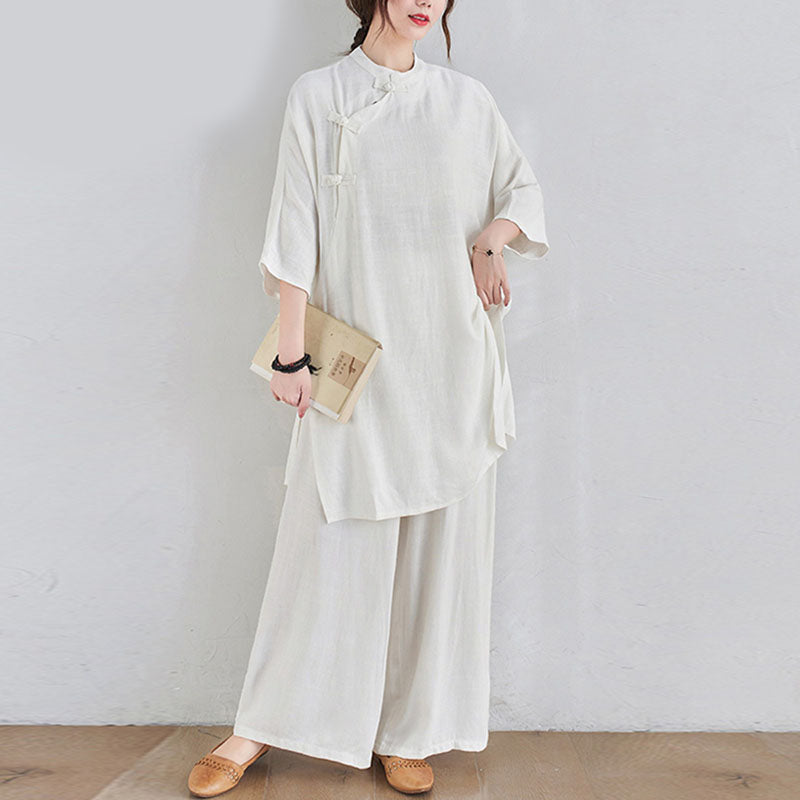 Buddha Stones 2Pcs Plain Design Zen Tai Chi Meditation Clothing Cotton Linen Top Pants Women's Set