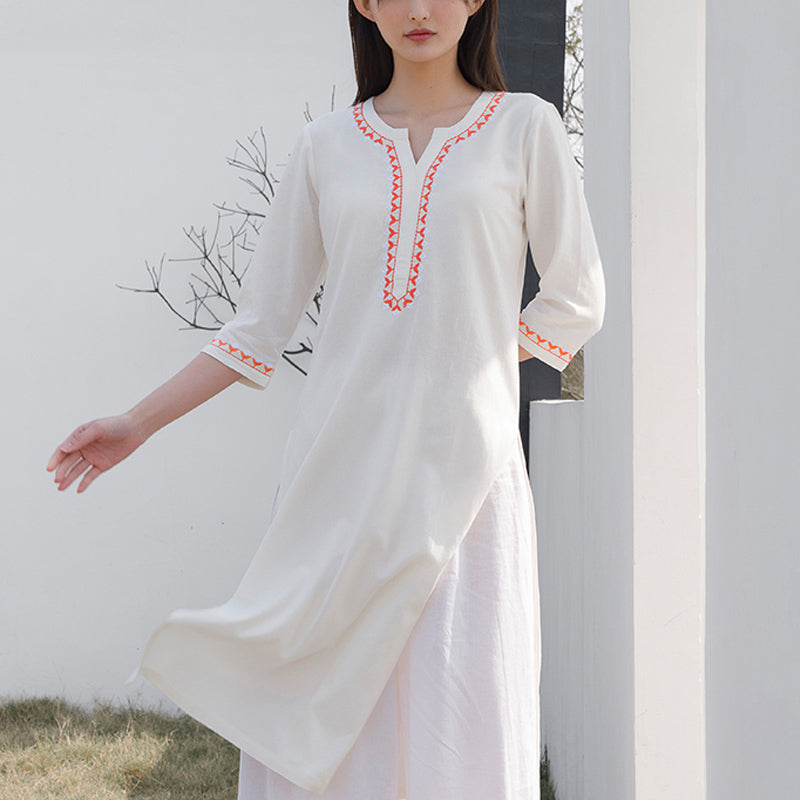 Buddha Stones 2Pcs V-neck Embroidery Yoga Clothing Zen Meditation Cotton Linen Top Pants Women's Set - image 1