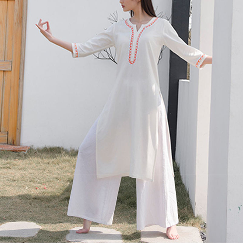 Buddha Stones 2Pcs V-neck Embroidery Yoga Clothing Zen Meditation Cotton Linen Top Pants Women's Set - image 4