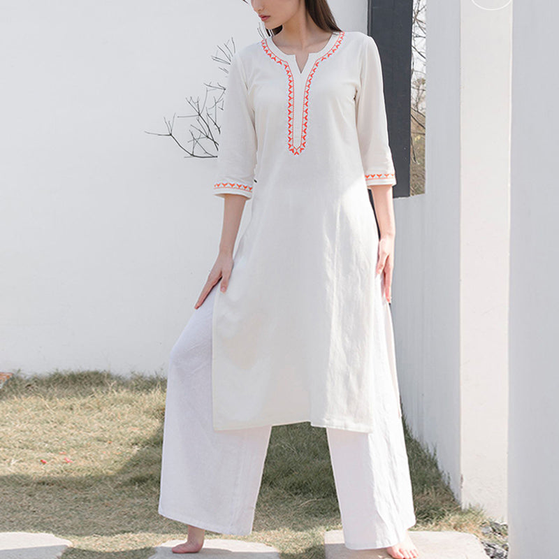 Buddha Stones 2Pcs V-neck Embroidery Yoga Clothing Zen Meditation Cotton Linen Top Pants Women's Set - image 2