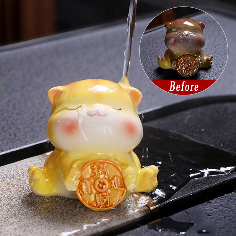 Buddha Stones Color Changing Cute Mini Cat Resin Tea Pet Wealth Home Figurine Decoration - Yellow Cat - 6.2*5.9*5.1cm - image 1