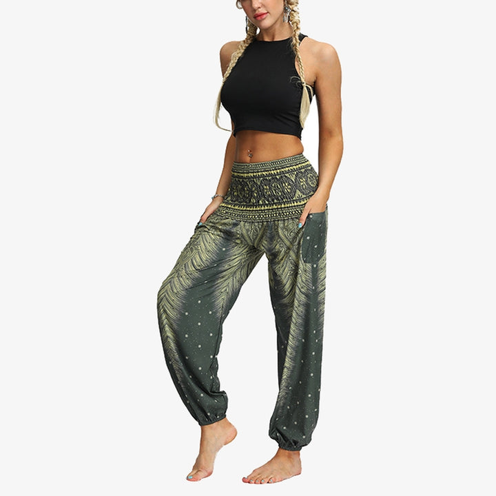 Buddha Stones Feather Print Hippie Baggy Trousers Boho High Waist with Pockets Women's Yoga Pants