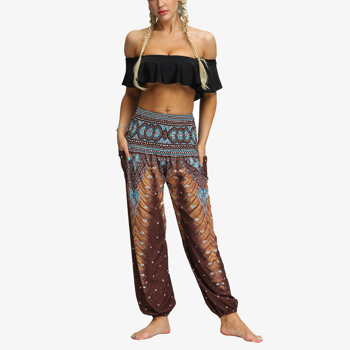 Buddha Stones Feather Print Hippie Baggy Trousers Boho High Waist with Pockets Women's Yoga Pants