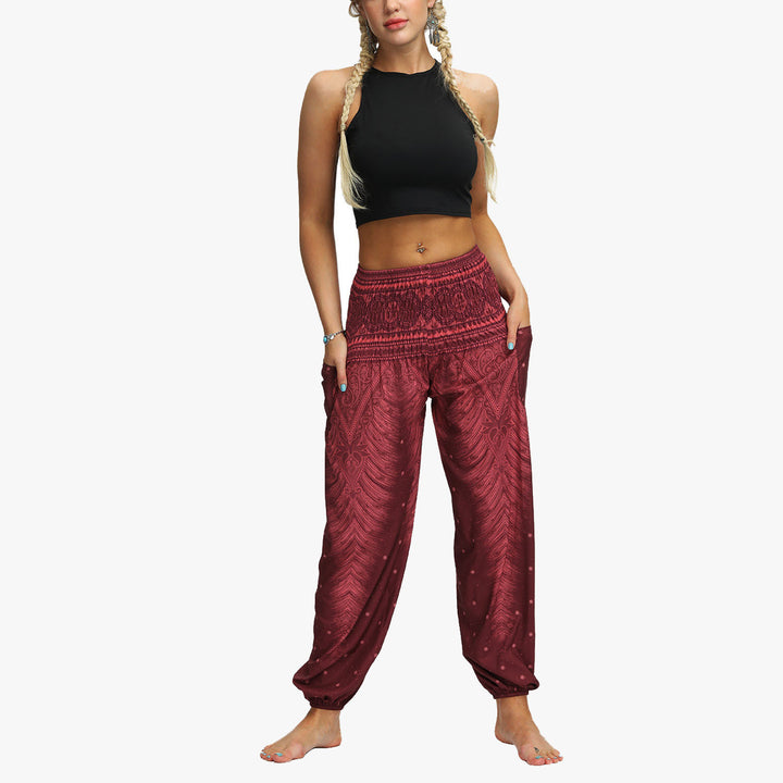 Buddha Stones Feather Print Hippie Baggy Trousers Boho High Waist with Pockets Women's Yoga Pants