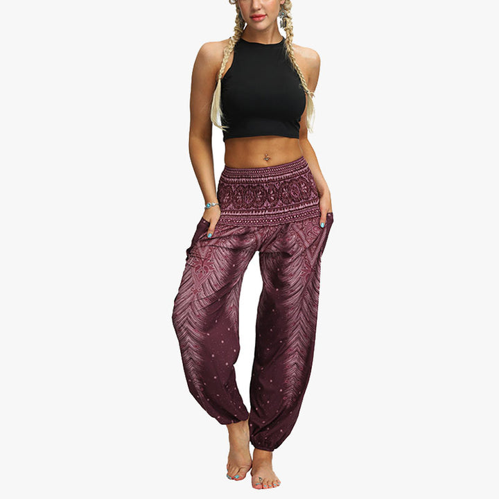 Buddha Stones Feather Print Hippie Baggy Trousers Boho High Waist with Pockets Women's Yoga Pants