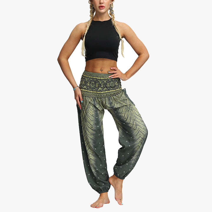 Buddha Stones Feather Print Hippie Baggy Trousers Boho High Waist with Pockets Women's Yoga Pants