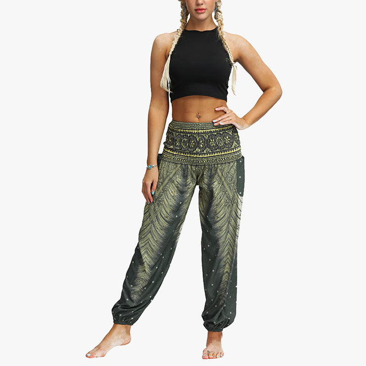 Buddha Stones Feather Print Hippie Baggy Trousers Boho High Waist with Pockets Women's Yoga Pants