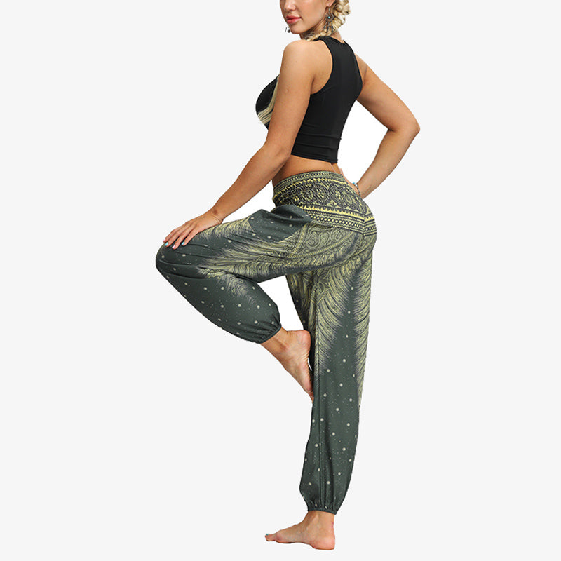 Buddha Stones Feather Print Hippie Baggy Trousers Boho High Waist with Pockets Women's Yoga Pants