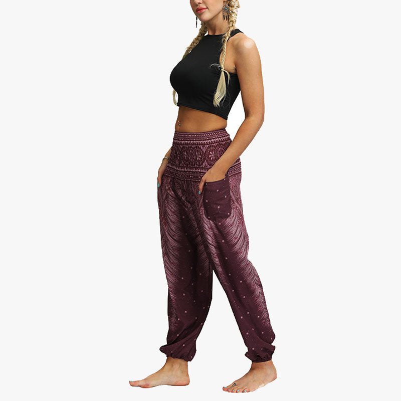 Buddha Stones Feather Print Hippie Baggy Trousers Boho High Waist with Pockets Women's Yoga Pants