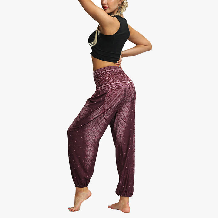 Buddha Stones Feather Print Hippie Baggy Trousers Boho High Waist with Pockets Women's Yoga Pants