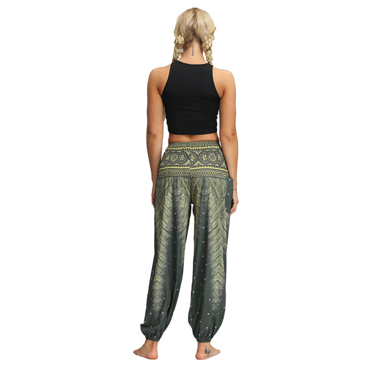 Buddha Stones Feather Print Hippie Baggy Trousers Boho High Waist with Pockets Women's Yoga Pants