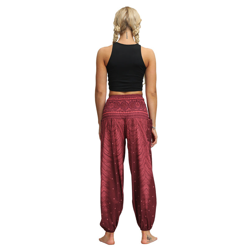 Buddha Stones Feather Print Hippie Baggy Trousers Boho High Waist with Pockets Women's Yoga Pants