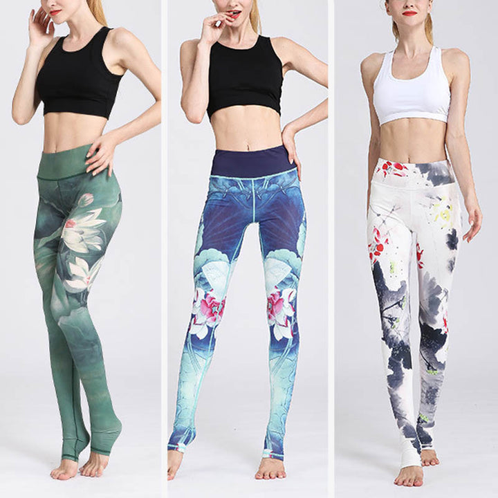 Buddha Stones Lotus Flower Print Design Pants Sports Fitness Yoga Leggings Women's Yoga Pants