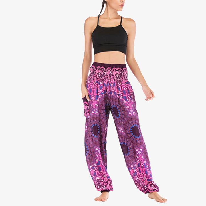 Buddha Stones Geometric Mandala Pattern Loose Harem Trousers High Waist Women's Yoga Pants