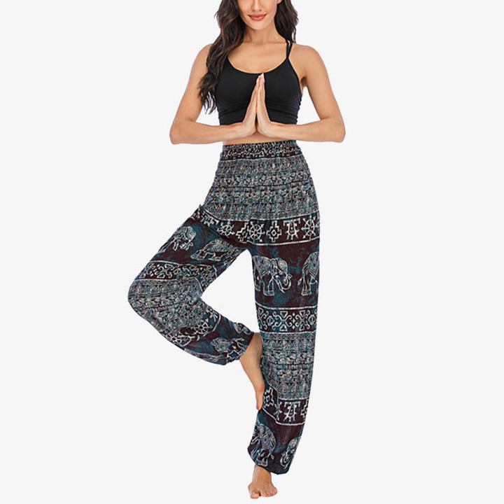 Buddha Stones Elephant Pattern Loose Casual Harem Trousers High Waist Women's Yoga Pants - Black Elephant-US2-8/10，UK/AU6-12/14，EU34-40/42 (F) - image 0
