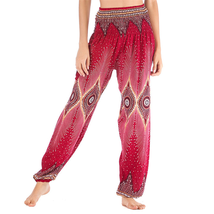 Buddha Stones Small Eye Peacock Feathers Pattern Loose Smocked Harem Trousers High Waist Women's Yoga Pants - Red-US2-8/10，UK/AU6-12/14，EU34-40/42 (F) - image 1
