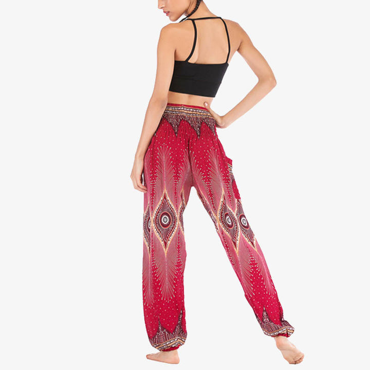 Buddha Stones Small Eye Peacock Feathers Pattern Loose Smocked Harem Trousers High Waist Women's Yoga Pants - image 4