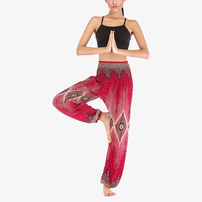 Buddha Stones Small Eye Peacock Feathers Pattern Loose Smocked Harem Trousers High Waist Women's Yoga Pants - image 2