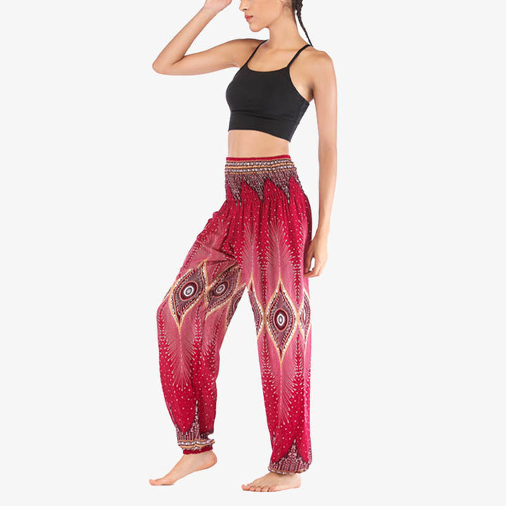 Buddha Stones Small Eye Peacock Feathers Pattern Loose Smocked Harem Trousers High Waist Women's Yoga Pants