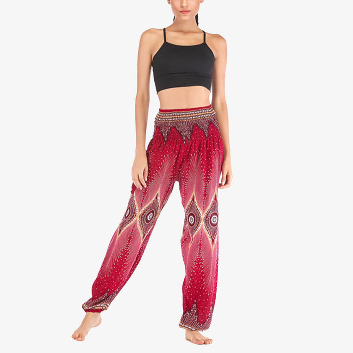 Buddha Stones Small Eye Peacock Feathers Pattern Loose Smocked Harem Trousers High Waist Women's Yoga Pants - image 8