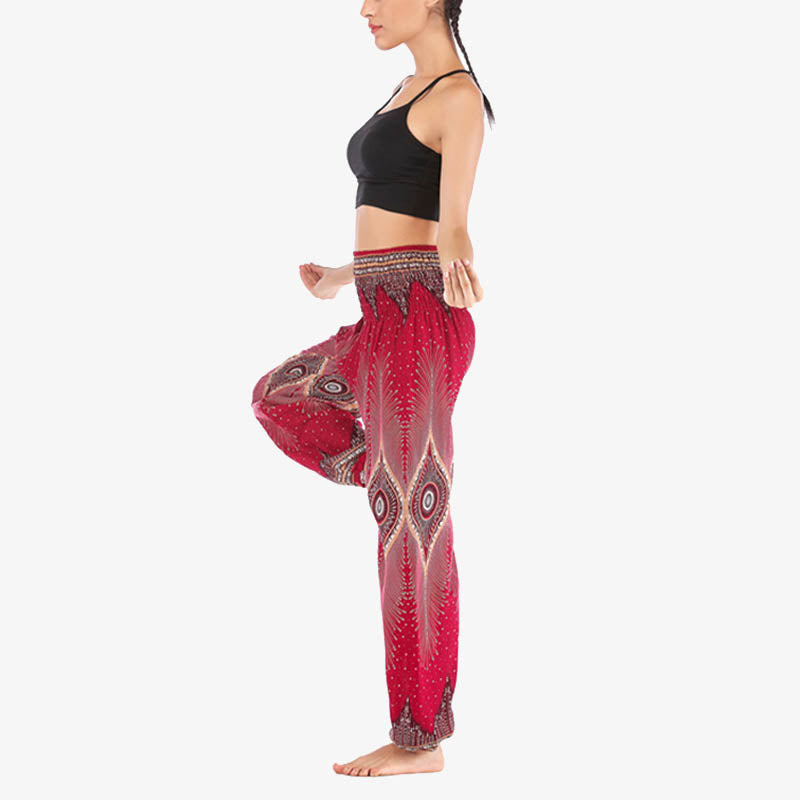 Buddha Stones Small Eye Peacock Feathers Pattern Loose Smocked Harem Trousers High Waist Women's Yoga Pants - image 3