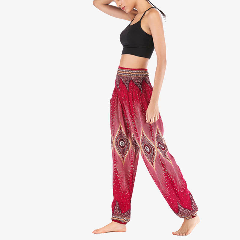 Buddha Stones Small Eye Peacock Feathers Pattern Loose Smocked Harem Trousers High Waist Women's Yoga Pants - image 9
