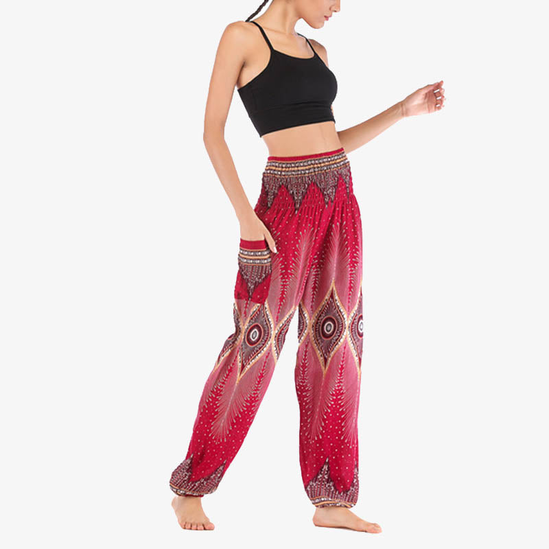Buddha Stones Small Eye Peacock Feathers Pattern Loose Smocked Harem Trousers High Waist Women's Yoga Pants - image 11