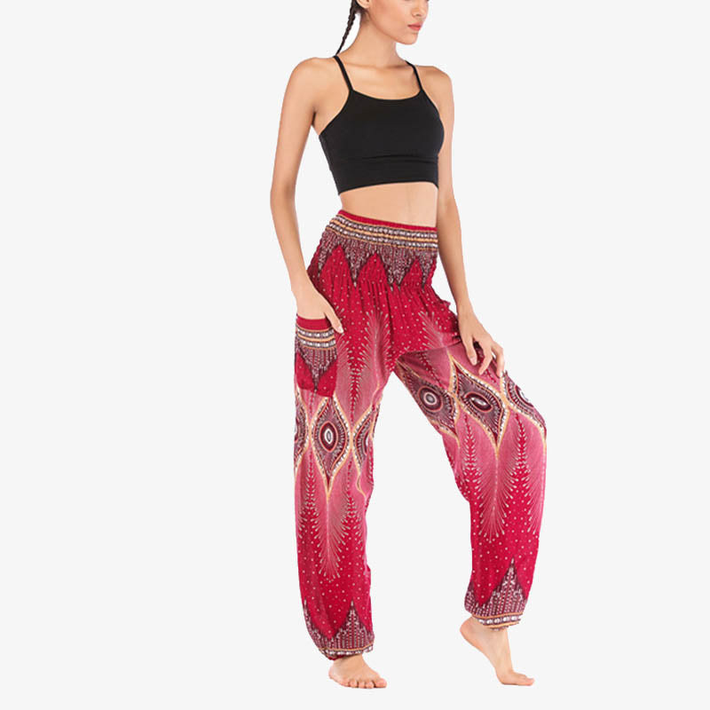 Buddha Stones Small Eye Peacock Feathers Pattern Loose Smocked Harem Trousers High Waist Women's Yoga Pants - image 10