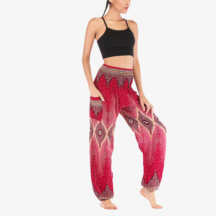 Buddha Stones Small Eye Peacock Feathers Pattern Loose Smocked Harem Trousers High Waist Women's Yoga Pants - image 10