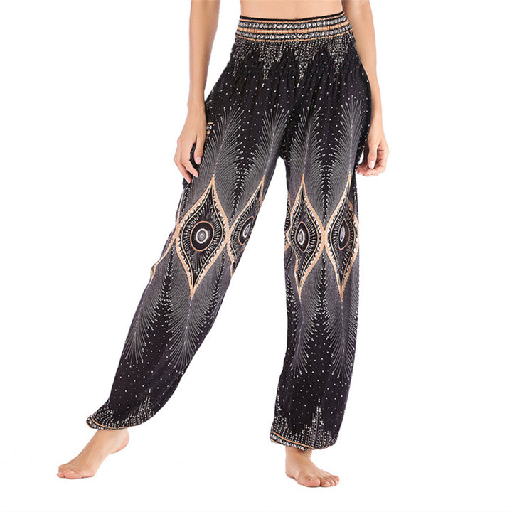 Buddha Stones Small Eye Peacock Feathers Pattern Loose Smocked Harem Trousers High Waist Women's Yoga Pants - Black-US2-8/10，UK/AU6-12/14，EU34-40/42 (F) - image 12