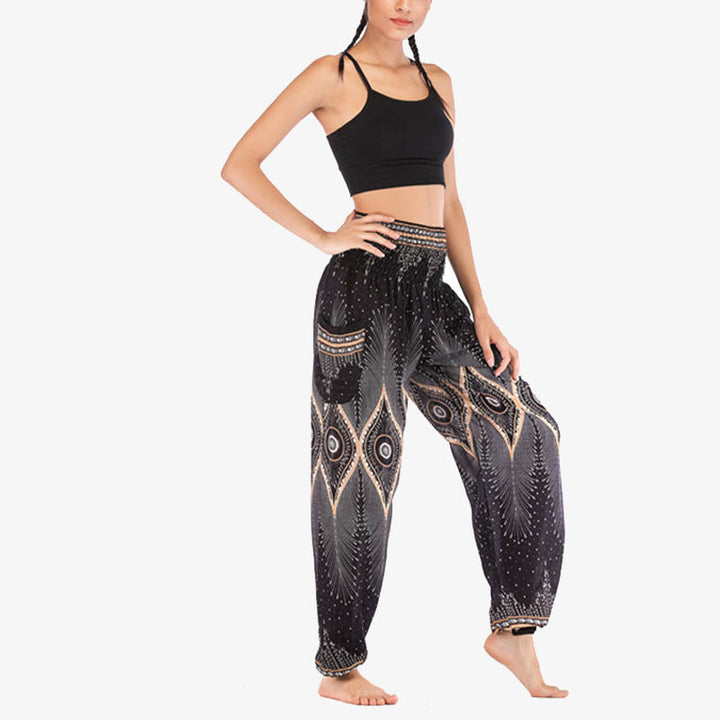 Buddha Stones Small Eye Peacock Feathers Pattern Loose Smocked Harem Trousers High Waist Women's Yoga Pants - image 14