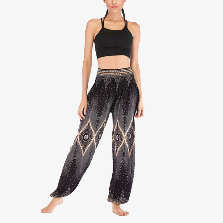 Buddha Stones Small Eye Peacock Feathers Pattern Loose Smocked Harem Trousers High Waist Women's Yoga Pants - image 17