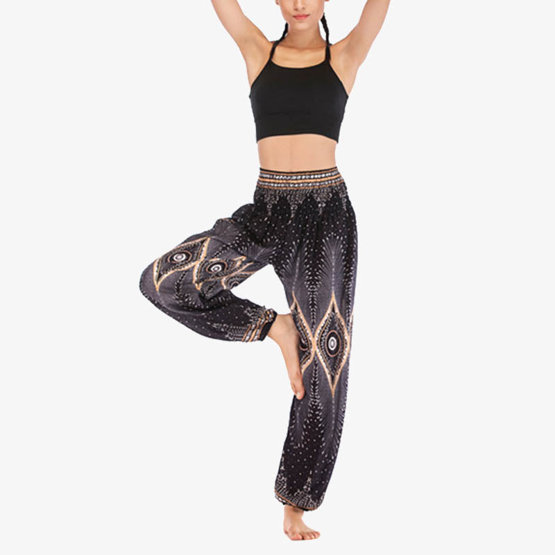 Buddha Stones Small Eye Peacock Feathers Pattern Loose Smocked Harem Trousers High Waist Women's Yoga Pants - image 13