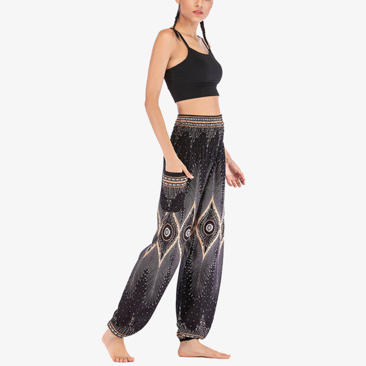 Buddha Stones Small Eye Peacock Feathers Pattern Loose Smocked Harem Trousers High Waist Women's Yoga Pants - image 19