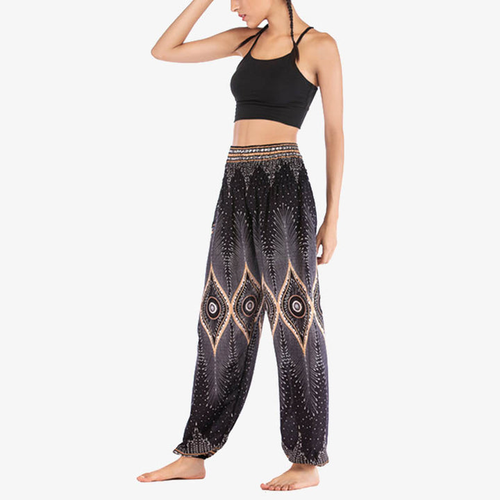 Buddha Stones Small Eye Peacock Feathers Pattern Loose Smocked Harem Trousers High Waist Women's Yoga Pants - image 21
