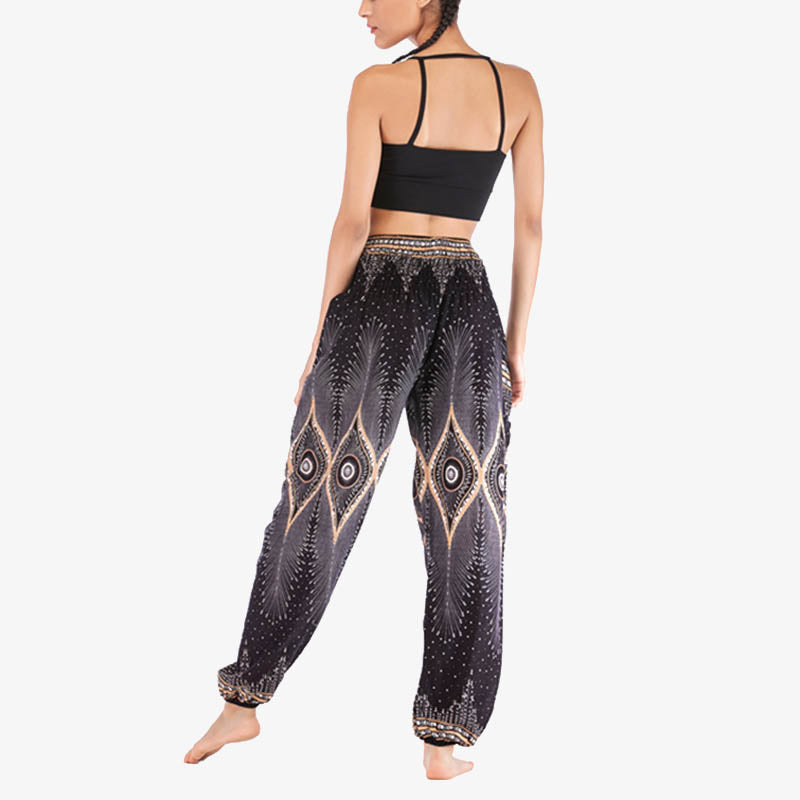 Buddha Stones Small Eye Peacock Feathers Pattern Loose Smocked Harem Trousers High Waist Women's Yoga Pants - image 15