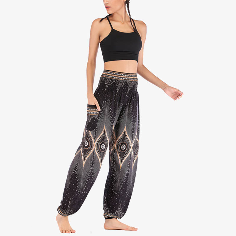 Buddha Stones Small Eye Peacock Feathers Pattern Loose Smocked Harem Trousers High Waist Women's Yoga Pants - image 20