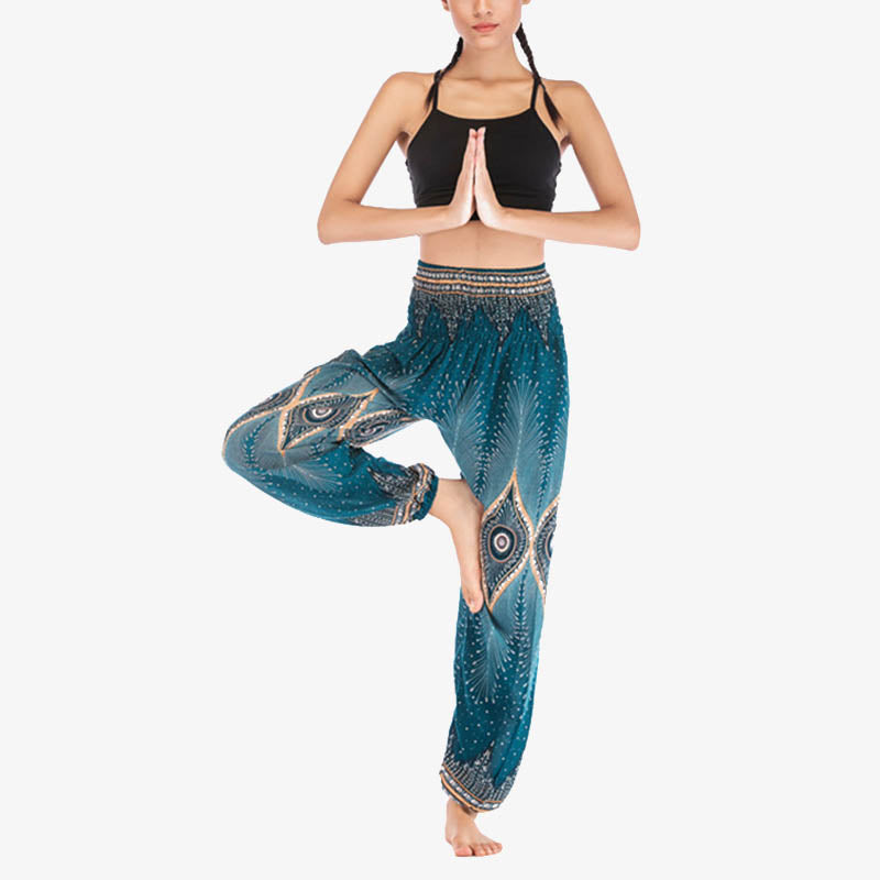 Buddha Stones Small Eye Peacock Feathers Pattern Loose Smocked Harem Trousers High Waist Women's Yoga Pants - image 23