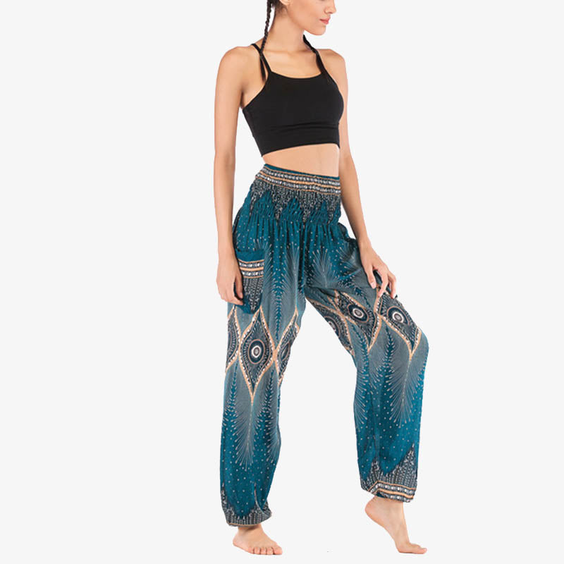 Buddha Stones Small Eye Peacock Feathers Pattern Loose Smocked Harem Trousers High Waist Women's Yoga Pants - image 24
