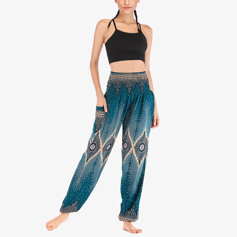 Buddha Stones Small Eye Peacock Feathers Pattern Loose Smocked Harem Trousers High Waist Women's Yoga Pants - image 27