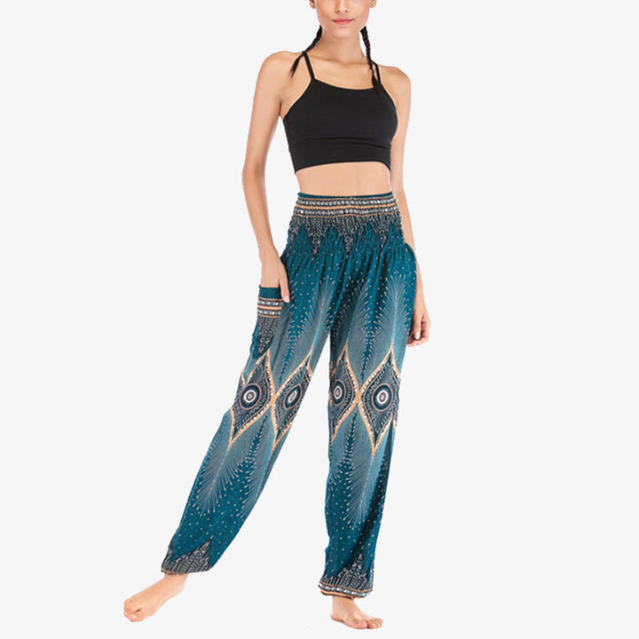 Buddha Stones Small Eye Peacock Feathers Pattern Loose Smocked Harem Trousers High Waist Women's Yoga Pants - image 27