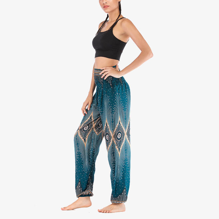 Buddha Stones Small Eye Peacock Feathers Pattern Loose Smocked Harem Trousers High Waist Women's Yoga Pants - image 29