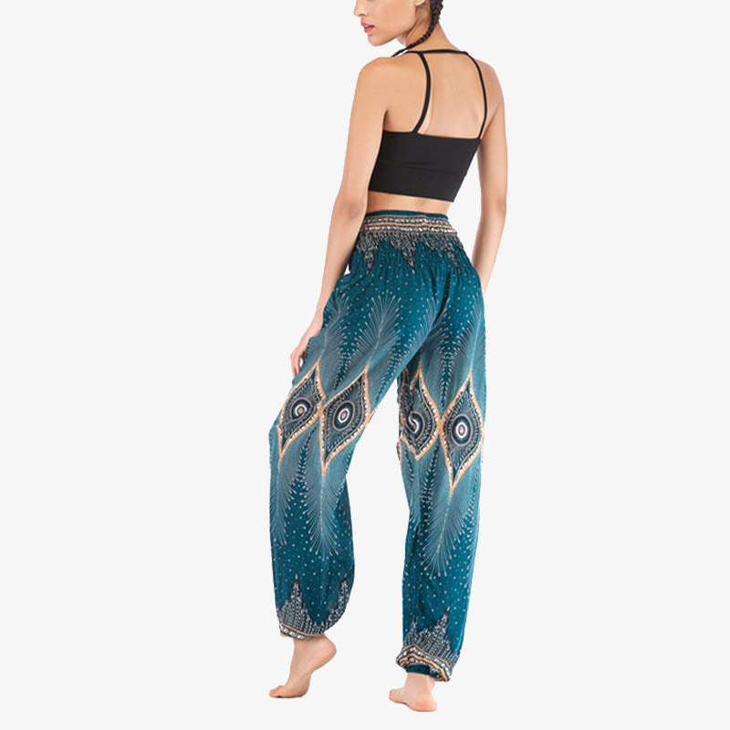Buddha Stones Small Eye Peacock Feathers Pattern Loose Smocked Harem Trousers High Waist Women's Yoga Pants - image 25