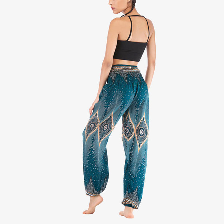 Buddha Stones Small Eye Peacock Feathers Pattern Loose Smocked Harem Trousers High Waist Women's Yoga Pants - image 25