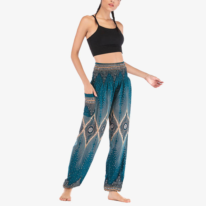 Buddha Stones Small Eye Peacock Feathers Pattern Loose Smocked Harem Trousers High Waist Women's Yoga Pants - image 30